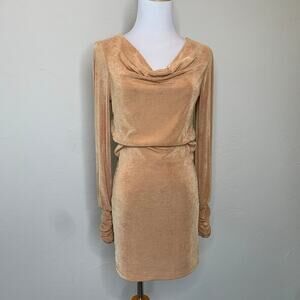 Camel Shimmer Stretch Draped Neck Dress Sz Small